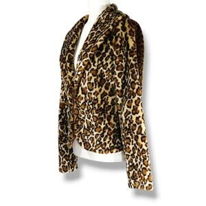 Tulle Leopard Print Plush Faux Fur Blazer Jacket Shawl Lapel Hook Front Lined M